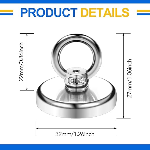 DIYMAG Magnetic Hooks, 100 lbs Heavy Duty Rare Earth Neodymium Magnet Hooks with Countersunk Hole Eyebolt for Home, Kitchen, Workplace, Office and Garage, Pack of 6