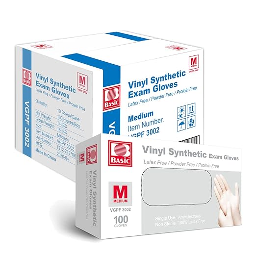 Basic Medical Clear Vinyl Exam Gloves - Latex-Free & Powder-Free - VGPF3002 (Case of 1,000), Medium