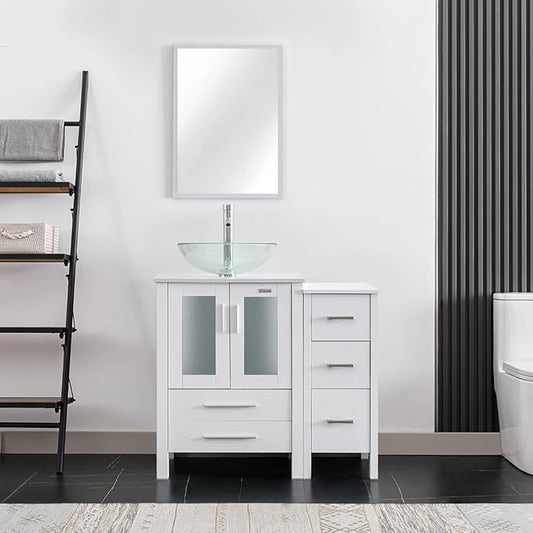 eclife 36" Modern Bathroom Vanity Sink Combo Freestanding Cabinet with Small Side Cabinet, Clear Round Glass Vessel Sink, Water Save Faucet, Drain (White+A16)