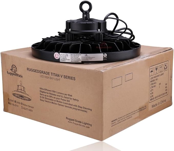 RuggedGrade 240W - Titan V Series LED High Bay UFO Light with Motion Sensor - 35,300 Lumens - High Voltage 277-480V - 5000K Bright White - Outdoor LED Light - DLC 5.1 Premium