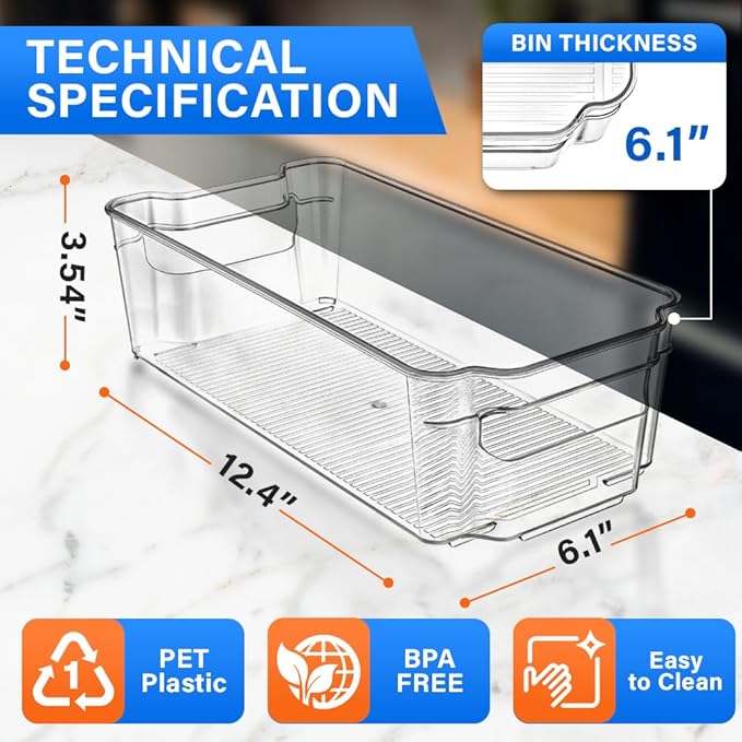 10-Piece Stackable Refrigerator Bin Organizer Set with Easy Grip Handles - Clear Multi-Purpose Storage Bins for Fridge and Pantry Use
