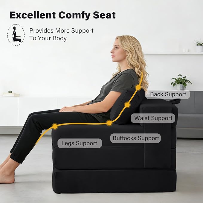 Tiita Folding Sofa Bed Chair, 4-Fold Convertible Sleeper Chair with Lumbar Pillow, Washable Cover & Side Pocket, Floor Couch Bed with Raised Seat, Single Size for Small Spaces, Black