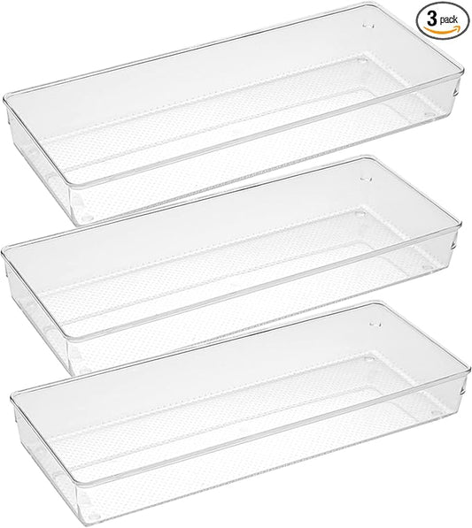 ihomecooker 3 Pack Large Clear Plastic Drawer Organizer Tray Cutlery Utensil Makeups Drawer Organizers 15" X 6"