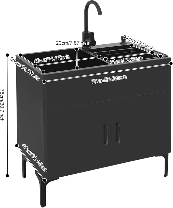30-Inch Laundry Sink with Cabinet & Hot/Cold Faucet, Large Utility Sink Cabinet with Stainless Steel Double Sinks & Drain Basket, Freestanding Black Cabinet with Sink for Laundry&Utility Room,Kitchen