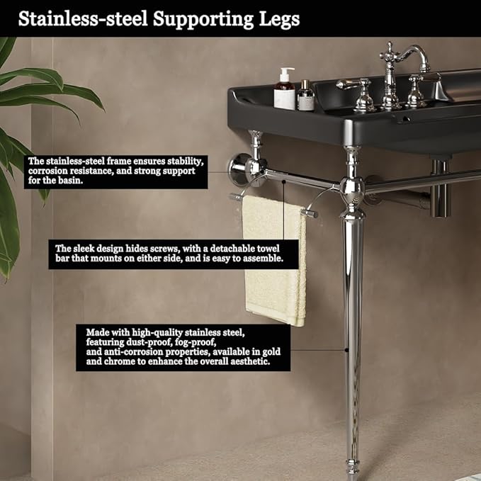 36" Bathroom Console Sink, Wall-Mounted Black Ceramic Vanity Basin with 3 Pre-drilled Faucet Holes, Freestanding Chrome Stainless Steel Support Legs with Towel Bar, No Faucet - Rome, Black