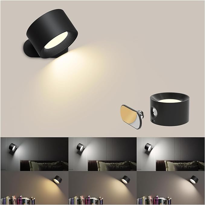 Led Wall Sconces, Wall Lamps with Battery Operated, Wall Mounted Cordless Lights with 3 Color Temperature&3 Brightness, 360° Magnetic Ball, USB Charging Port for Reading Study Bedside