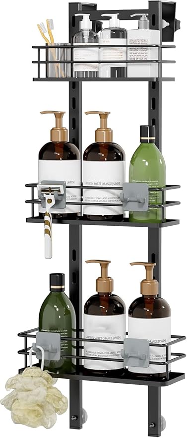 Orimade Adjustable Hanging Over the Shower Door Caddy with Hooks, Bathroom Organizer Shelf Storage Rack,No Drilling Rustproof Basket for Inside Shower, Matt Black 3 Tier