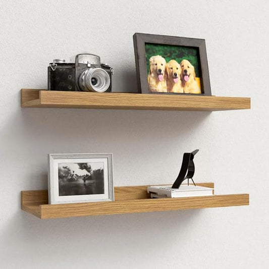 Floating Shelves Set of 2, Modern Wall Shelves with Lip, Display Picture Ledge for Bedroom, Living Room, Bathroom, Kitchen - Oak