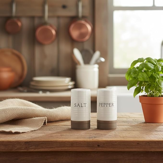 Young's Inc. Farmhouse Ceramic Salt and Pepper Shaker Set - Cute Kitchen Table Accessories and Decor, Small 3-Inch Modern White Rustic Dining Table Decor for Everyday Dining and Gift Giving