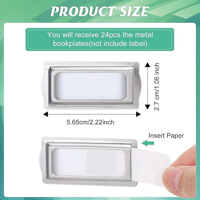 24 Pcs Self Adhesive Metal Bookplates for Books Card Horizontal Clip Label Holders Metal Drawer Tag Silver Label Plate for Office Library Book File Cabinet Drawer Tag Teacher School Classroom