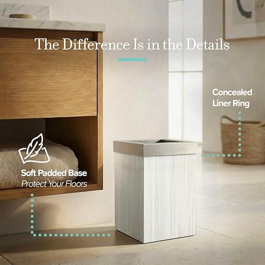 Gatco Small Bathroom Trash Can with Lid, Square 3 Gallon Wastebasket, Under Sink, White Oak with Satin Nickel, for Bathroom, Bedroom, Office (1936SN)