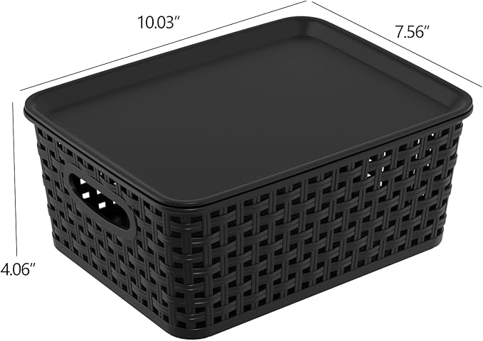 6 Pack Plastic Storage Basket Bins with Lid, Plastic Lidded Storage Bins Shelf Basket for Bathroom, Classroom, Office, Black
