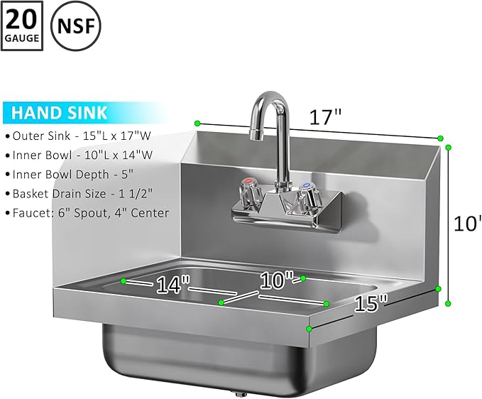 Stainless Steel Hand Sink with Right Side Splash Guard 15” x 17” | Commercial Wall Mount Hand Basin with Gooseneck Faucet, Strainer, Back Splash | NSF (Left Side Splash Guard)