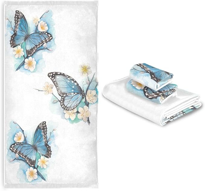 Blue Butterfly Bath Towels Set,Ultra Soft 3 Piece Watercolor Blossom Plum Branch Chic Floral Towels for Bathroom,1 Bath Towel 1 Hand Towel 1 Washcloth,Absorbent Decoractive Bathroom Towels