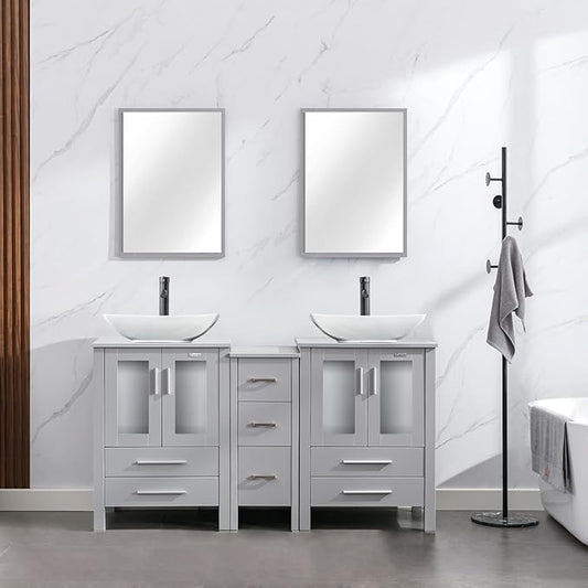 eclife 60" Modern Bathroom Vanity Sink Combo Freestanding Cabinet with Small Side Cabinet, White Curved Ceramic Vessel Sink, Water Save Faucet, Drain (Gray+T32)