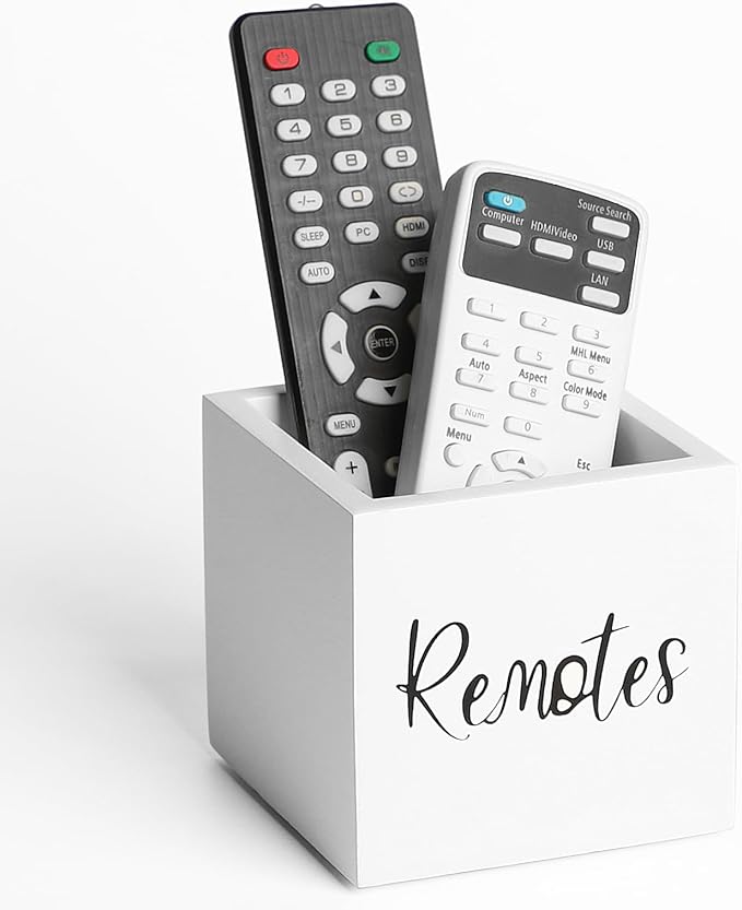 Wood Remote Control Holder, TV Remote Control Organizer for Home Bedroom Table, Multi-Purpose Desktop Storage (White, S,for 2 or 3 Remote Controls)