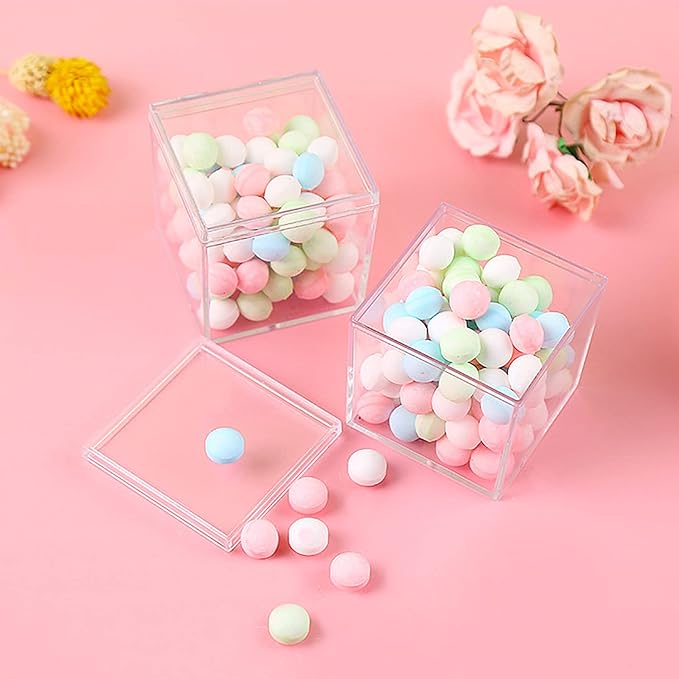 Clear Plastic Square Cube,15 Pack Small Acrylic Plastic Storage Box with Lids Transparent Clear Square Containers Display Boxes Gift Box with Glitter Ribbon for Candy Pill Jewelry Christmas (1.8