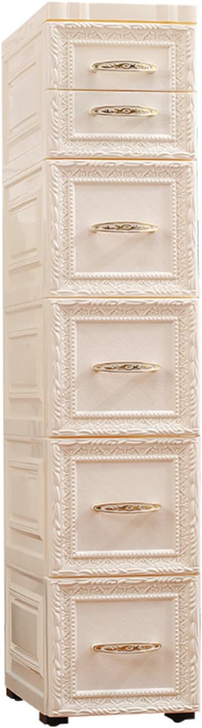 6 Drawers Narrow Plastic Bathroom Storage Cabinet with Wheels Slim Storage Organizer Vertical Storage Tower Container for Small Spaces, Bedroom, Bathroom, Laundry, Closet, White
