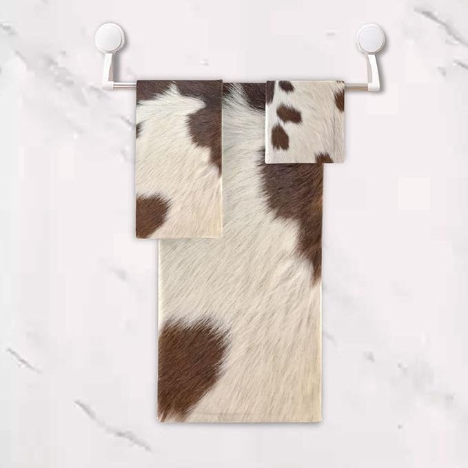 3 Piece Cowhide Print Bath Towel Set,Microfiber Decorative Brown Beige Cow Print Western Farmhouse Animal Bathroom Towels,1 Bath Towel 1 Hand Towel for Bathroom Kitchen,1 Washcloth for Face