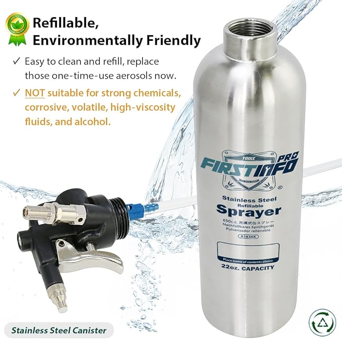FIRSTINFO A1636K Patented Max. Pressure 110 psi / 650ml Stainless Steel Canister Aerosol Refillable Fluid Spray Can/Pneumatic Compressed Air Sprayer