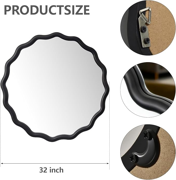 Circle Scalloped Mirror for Wall,32" Round Wavy Wooden Frame Vanity Mirror Hanging for Bedroom, Living Room, Hallway, Entryway, Home Decor Black