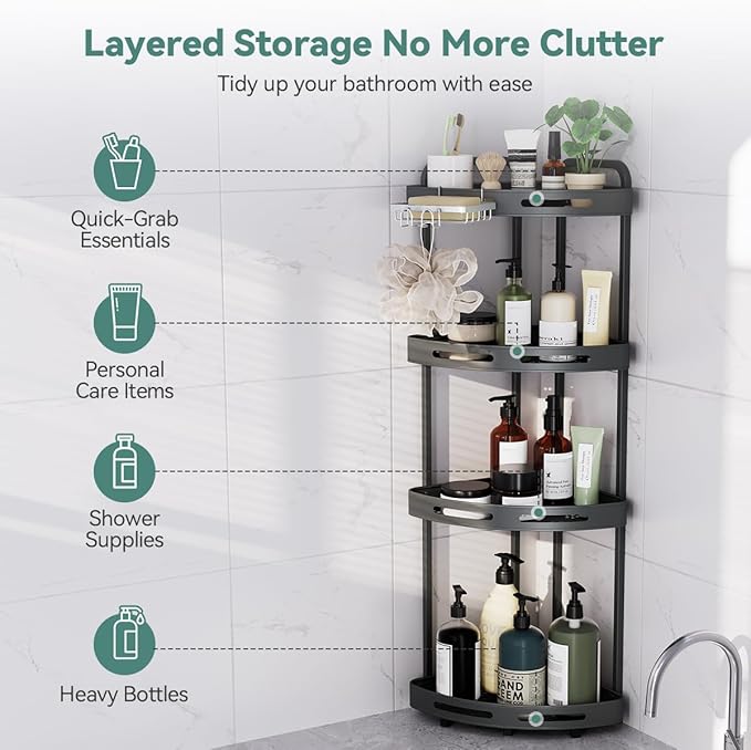 Corner Shower Caddy Stand, 4 Tier Rustproof Standing Shower Organizer with Soap Holder, Aluminum Shower Shelf for Bathroom Storage, Gray