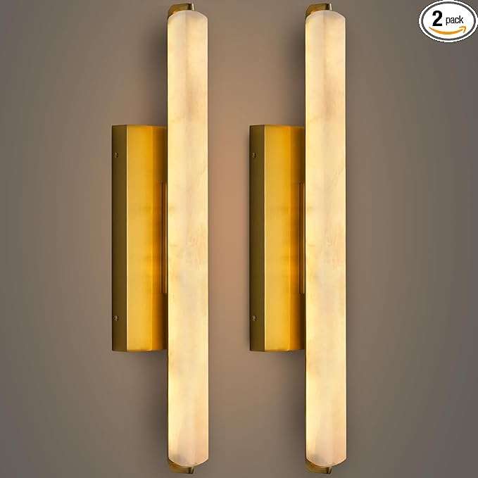 Alabaster Wall Sconces Set of Two, 25" Brass Alabaster Sconce, Spanish Natural Marble Bathroom Vanity Sconces, Rectangle Modern Sconces Lighting for Bedroom Living Room Staircases Hallway