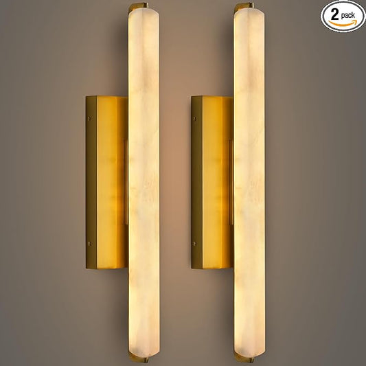 Alabaster Wall Sconces Set of Two, 25" Brass Alabaster Sconce, Spanish Natural Marble Bathroom Vanity Sconces, Rectangle Modern Sconces Lighting for Bedroom Living Room Staircases Hallway