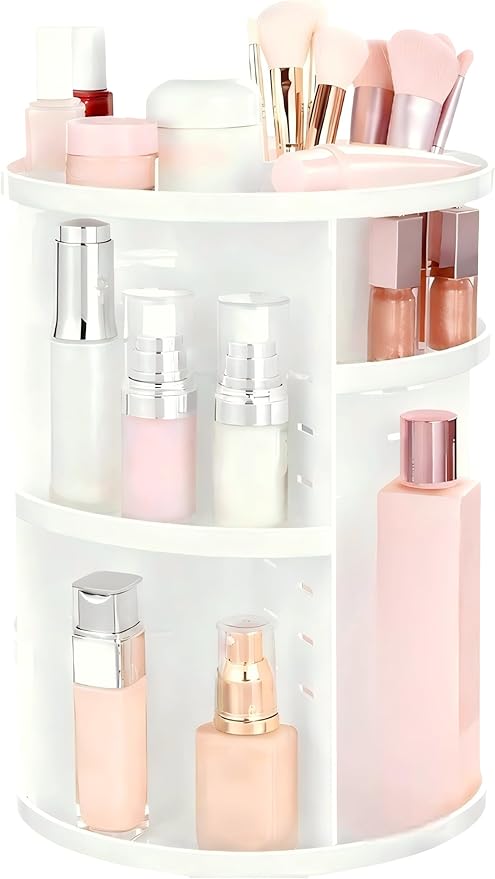 HBlife 360 Rotating Makeup Organizer Adjustable Carousel Large Capacity Revolving Perfume Organizer Skincare Organizers Cosmetic Storage Spinning Holder for Vanity, White