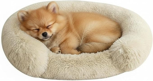 Fluffy Dog Bed Calming Donut Beds for Large Dogs Warming Round Small Medium Pet Nest Cozy Cat Mattress Indoor Washable Puppy Kennel Kittens Sleep Mat (S, 23.6×23.6 inch, Khaki)