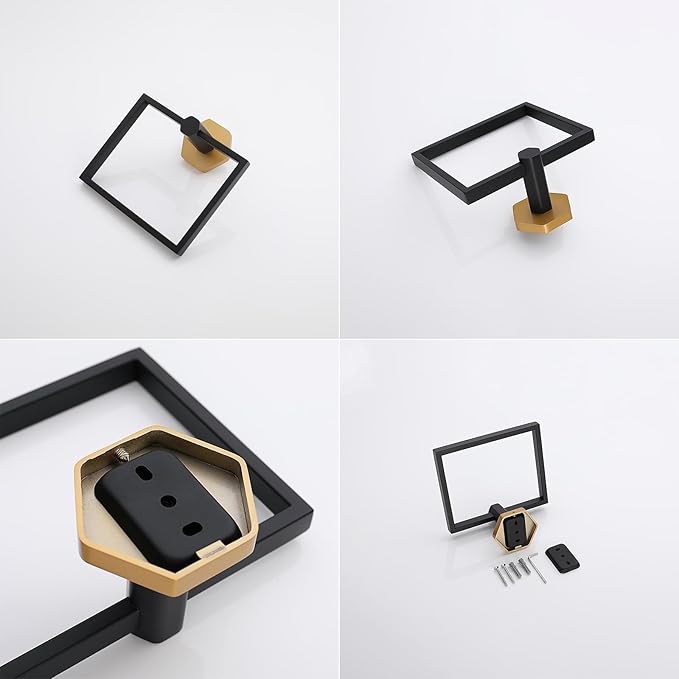 GERZWY Bathroom Hardware Accessories Sets 2-Pieces Stainless Steel - Toilet Paper Holder Towel Ring (Black & Gold)