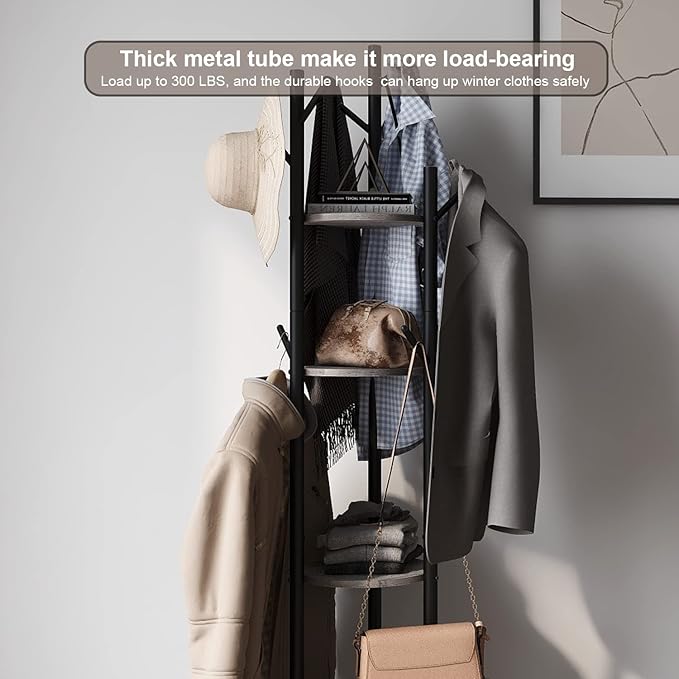 Rotary Coat Rack Freestanding Metal Coat Hall Tree Stand with 4 Tiers Storage Display Shelf and 9 Hooks for Entryway Bedroom Corner Office Garment Clothes Holder (Grey)