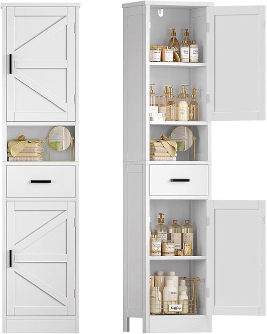 TEENFON 67" H Bathroom Storage Cabinet with Barn Doors & Adjustable Shelves, Bathroom Cabinet with Drawer, Narrow Bathroom Storage Unit, Floor Cabinets for Living Room, Kitchen, White
