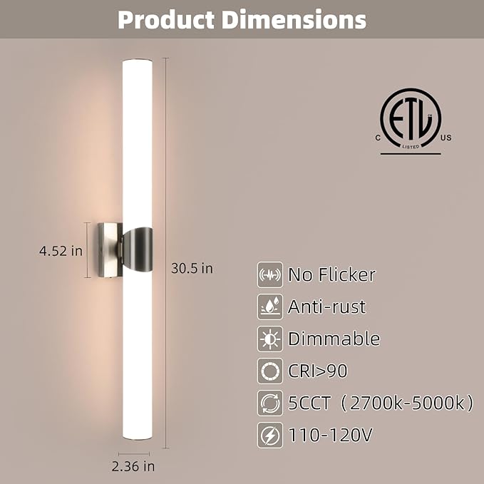 Modern Wall Sconce 30 Ihch Brushed Nickel Bathroom Sconces LED Wall Lighting Fixtures with Acrylic Shade Hardwired Long Vanity Lights Over Mirror for Bedroom Living Room Hallway