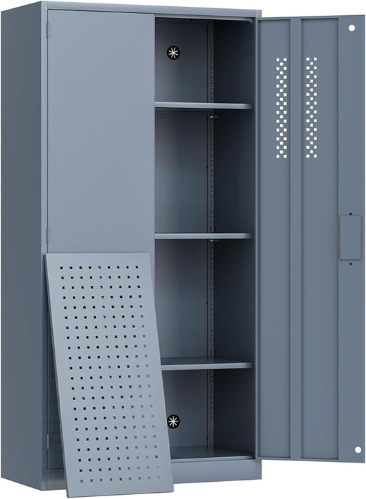 72" H Metal Storage Cabinet, Garage Storage Cabinet with 2 Doors and 4 Adjustable Shelves, Tall Lockable Cabinet for Kitchen, Office, Home or Garage（Grey）