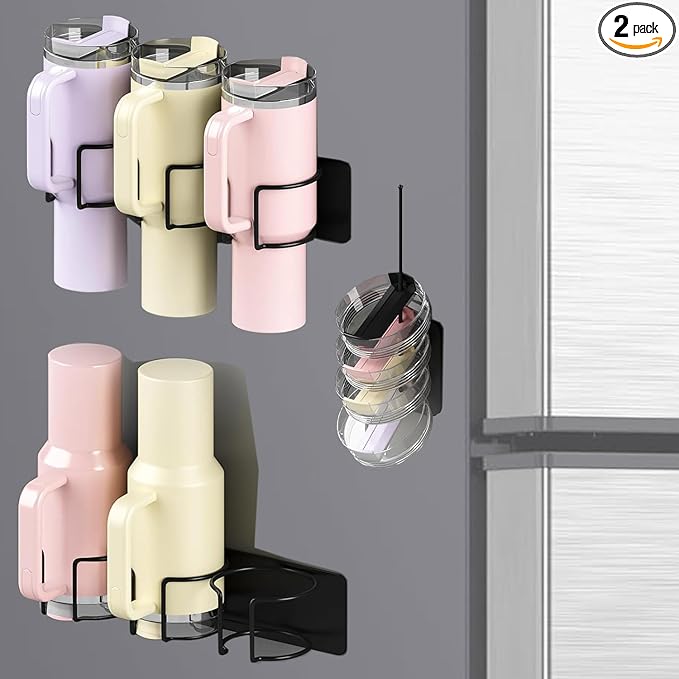 Magnetic Fridge Cup Holder for Stanley 20/30/40 oz with Tumbler Lid Organizer, Strong Magnetic Water Bottle Storage Rack (2Pack 3Cups)
