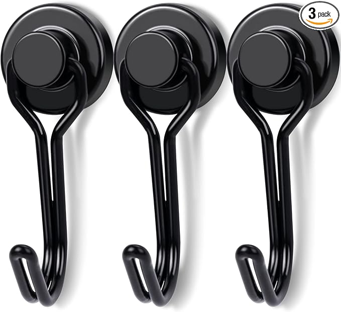 E BAVITE Black Swivel Swing Magnetic Hooks, Strong Neodymium Rare Earth Magnet Hook Perfect for Refrigerator and Other Surfaces, Pack of 3