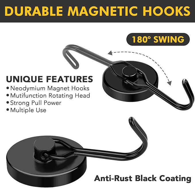MIKEDE Black Magnetic Hooks Heavy Duty, 120LB Swivel Swing Strong Magnetic Hooks Cruise,Neodymium Hook Magnets for Hanging, Home, Workplace, Metal Door, Office and Garage - Pack of 4