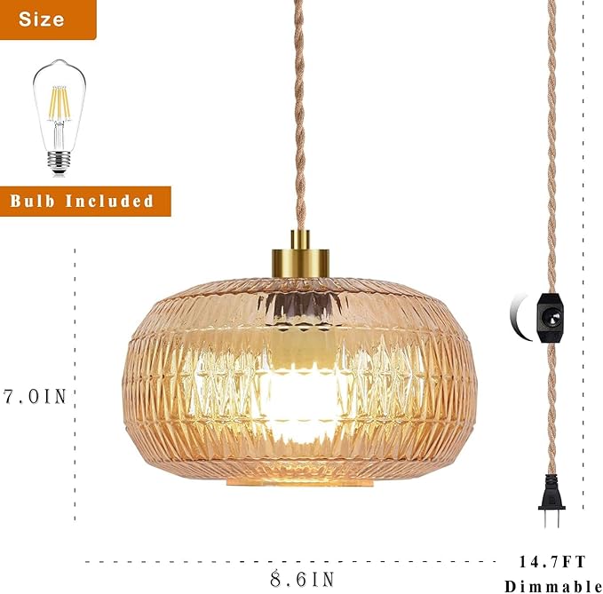 Plug in Pendant Light Hanging Lights with in Cord Mid Century Modern Gold Hanging Lamp Flower Glass Amber Vintage Dimmable Chandelier Ceiling Fixture for Living Room,Kitchen,Boho