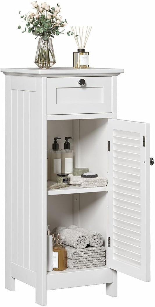 Small Bathroom Storage Cabinet, Freestanding Narrow Floor Cabinet with Drawer & Shutter Door for Small Spaces, Storage Organizer for Bathroom, Living Room, Entryway, 12.6 x 11.8 x 34.3 in
