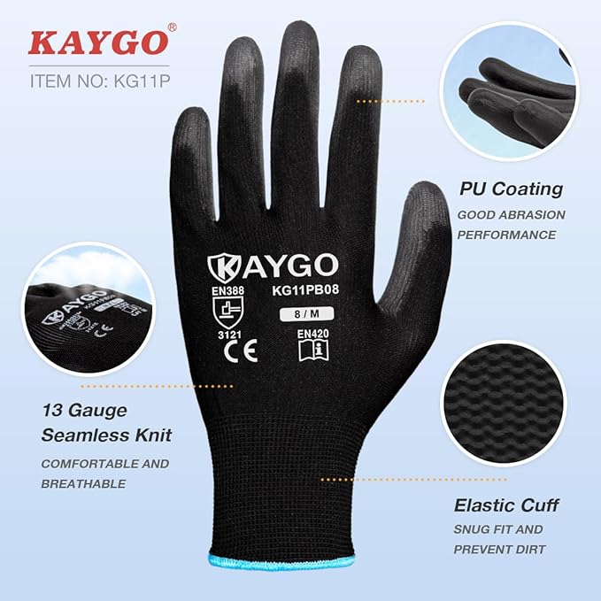 Work Gloves for Men and Women,60 Pairs Seamless Knit PU Coated Safety Gloves, with Smooth Grip on Palm and Fingers, Ideal for Light Warehouse, Manufacturing, Gardening, KG11P (L, Black)
