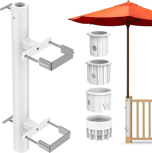Dolibest Heavy Duty Patio Umbrella Holder, Steel Deck Clamp Holder up to 2'' Poles, Deck Mount Umbrella Holder, Space Saving Design, Attaches to Railing Max Width 4 inch, Easy Installation- White