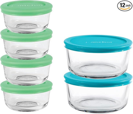 Anchor Hocking 12 Piece Glass Storage Containers with Lids (6 Glass Food Storage Containers & 6 Mixed Blue SnugFit Lids)
