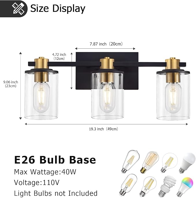 stambord 3 Light Bathroom Vanity Light, Black and Gold Light Fixtures, Sconces Wall Lighting with Glass Shade, Modern Brushed Vanity Lights for Bedroom, Hallway