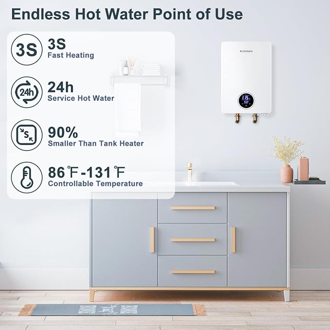 Tankless Water Heater, ECOTOUCH 27kW 240V Water Heater Electric Hot Water Heaters, Instant Hot Water with Self-Modulating, Up to 6.5GPM for 2-4 Point of Use, ETL Certified, ECO270S White