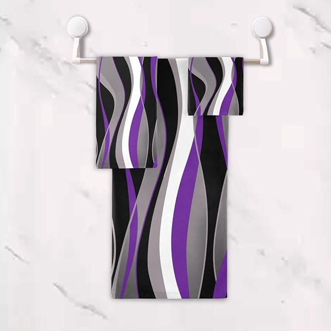 3 Piece Purple Grey Bath Towels Set,Microfiber Absorbent Black White Gray Striped Modern Abstract Towels for Bathroom,1 Bath Towel,1 Hand Towel,1 Washcloth,Purple Decorative Bathroom Towels