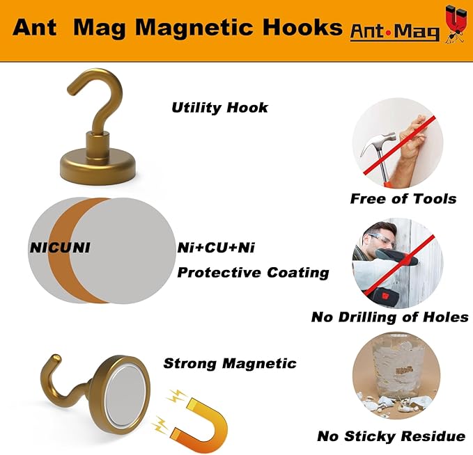 Ant Mag Strong Magnet Hooks 100lbs+ Pulling Force Neodymium Hooks Hangers Heavy Duty Used for Home Kitchen Refrigerator