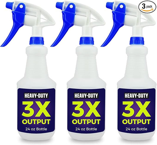 3X High Output Heavy Duty Spray Bottles for Cleaning Solutions, 3 Pack, 24 oz Commercial, Industrial Spray Bottles for Household Cleaning and Car Detailing.