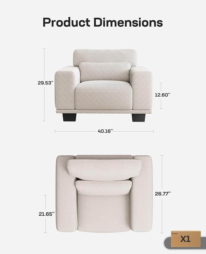 Marsail 40" Sofa Couch, 1-Seater Couches with Wide Armrests & Deep Cushions, Modern Linen Fabric Sofas for Living Room, Comfy Upholstered Couch with Removable Washable Covers, Cream White