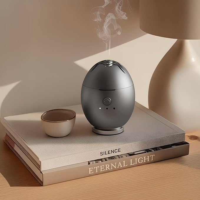 Orbby Scent Diffuser Starter Kit | Portable Mini Desk Diffuser for Office: Electric Incense Diffuser, Rechargeable Cordless Air Freshener for Home – Flameless (Gray with 1g Agarwood Pellets)